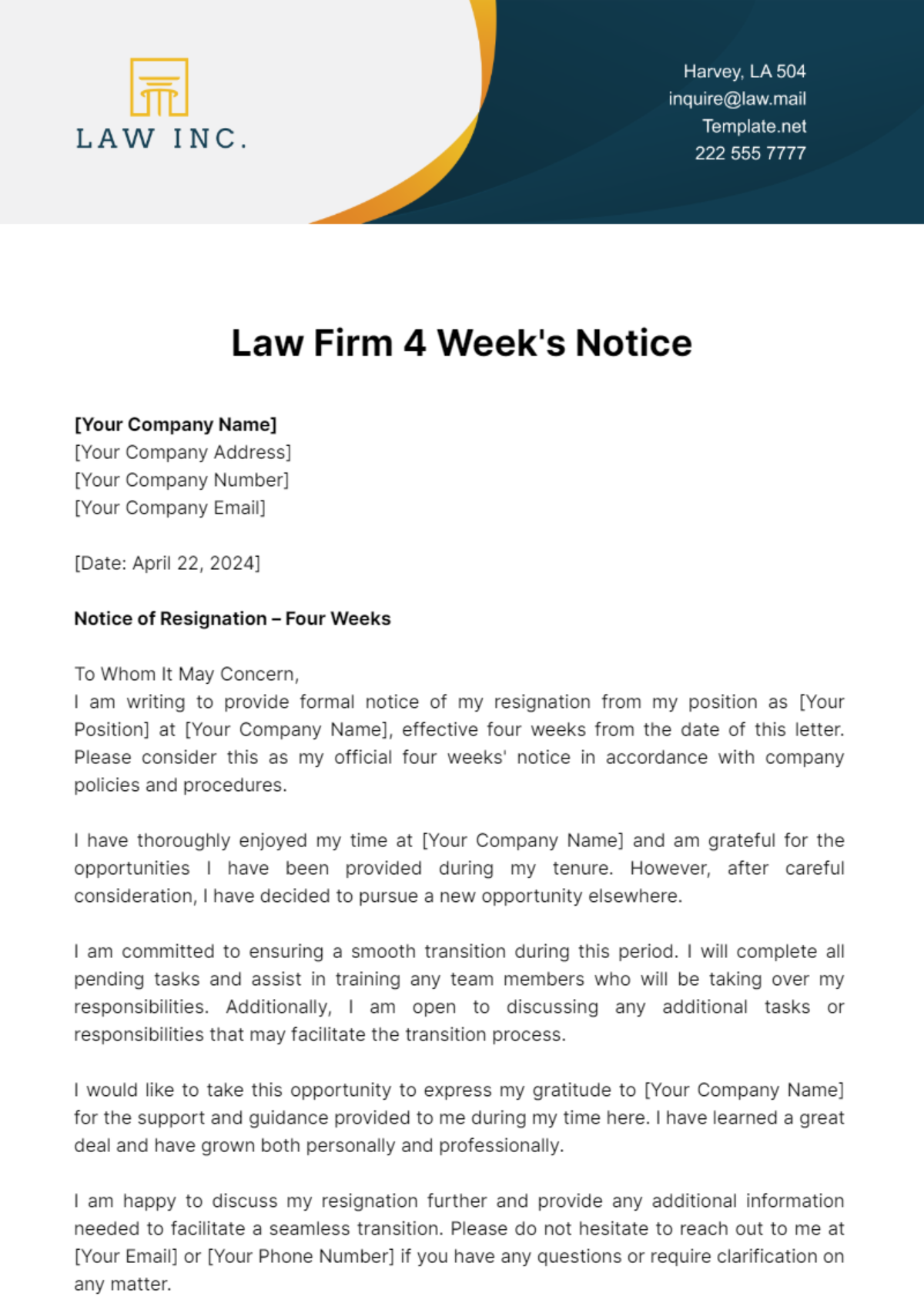 Free Law Firm 4 Week's Notice Template