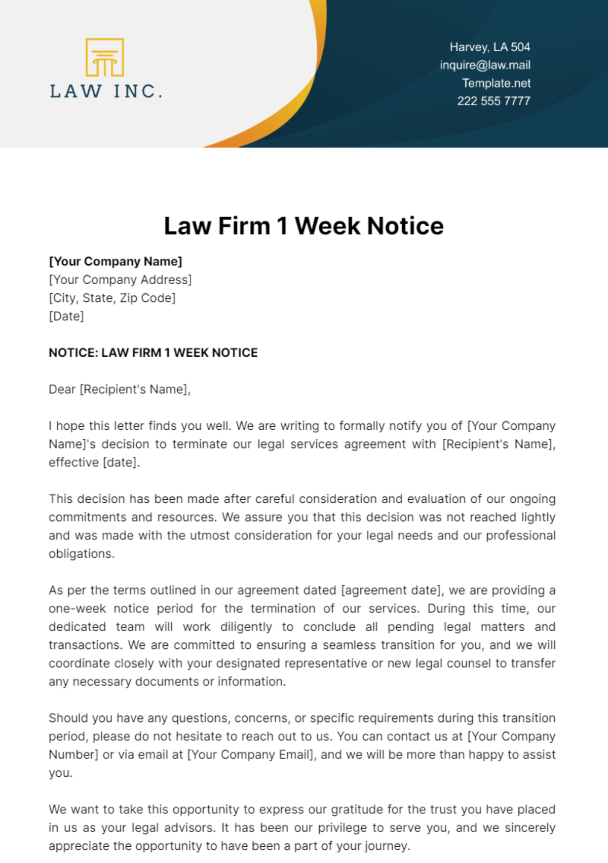 Law Firm 1 Week Notice Template