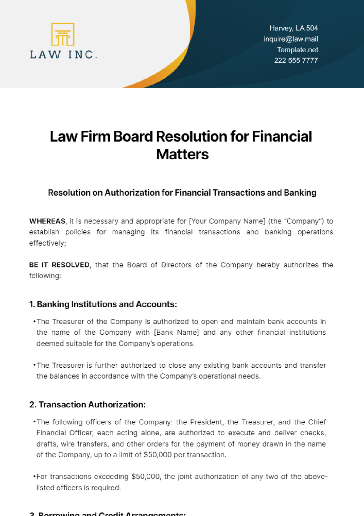 Law Firm Board Resolution for Financial Matters Template