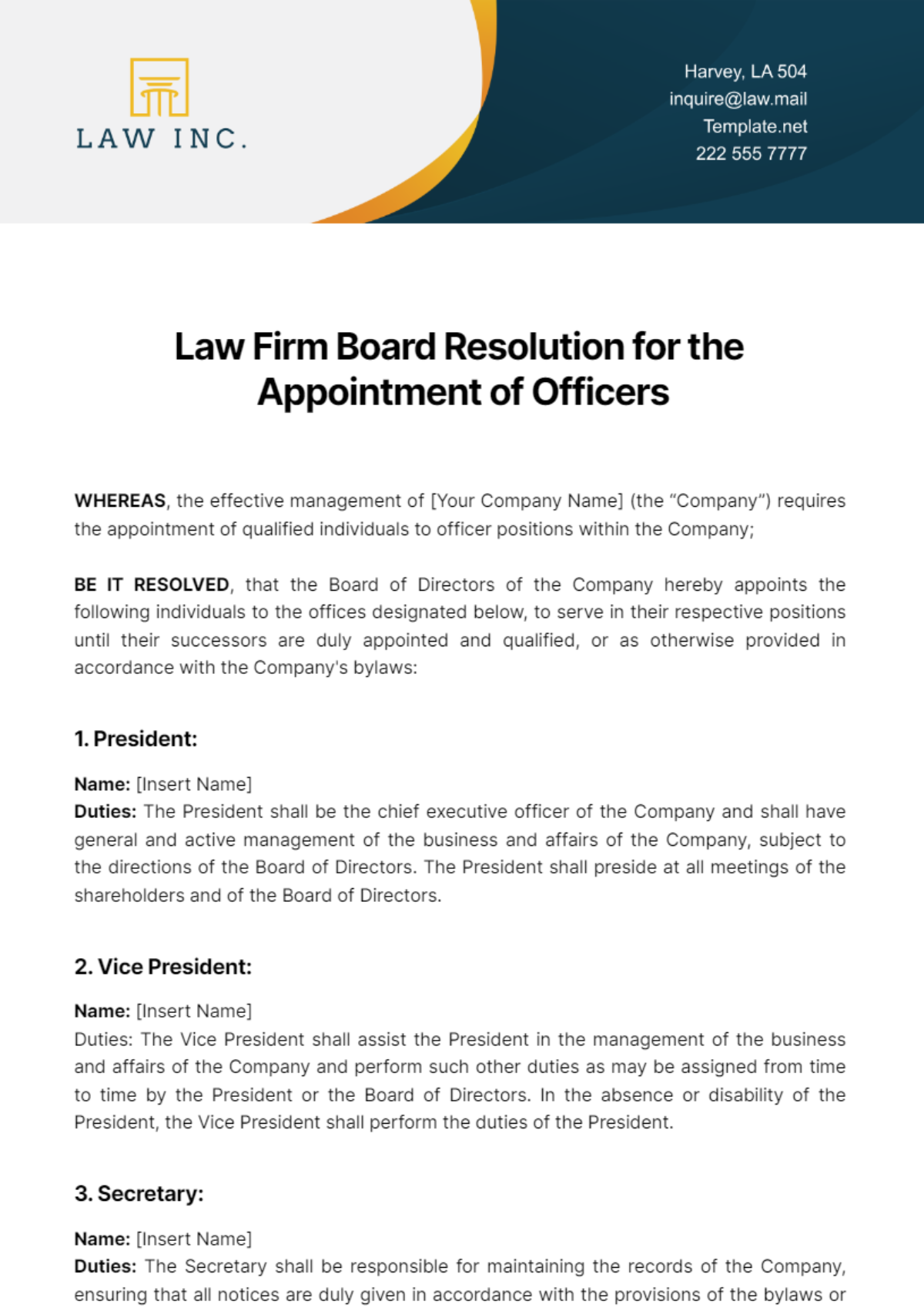 Law Firm Board Resolution for the Appointment of Officers Template