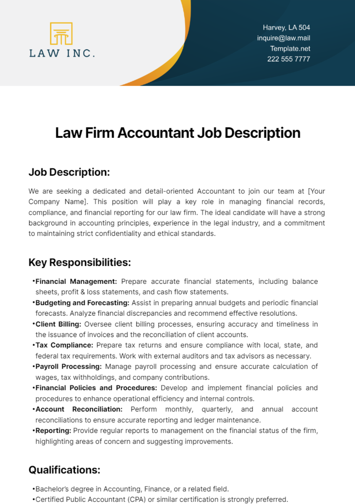 Free Law Firm Accountant Job Description Template