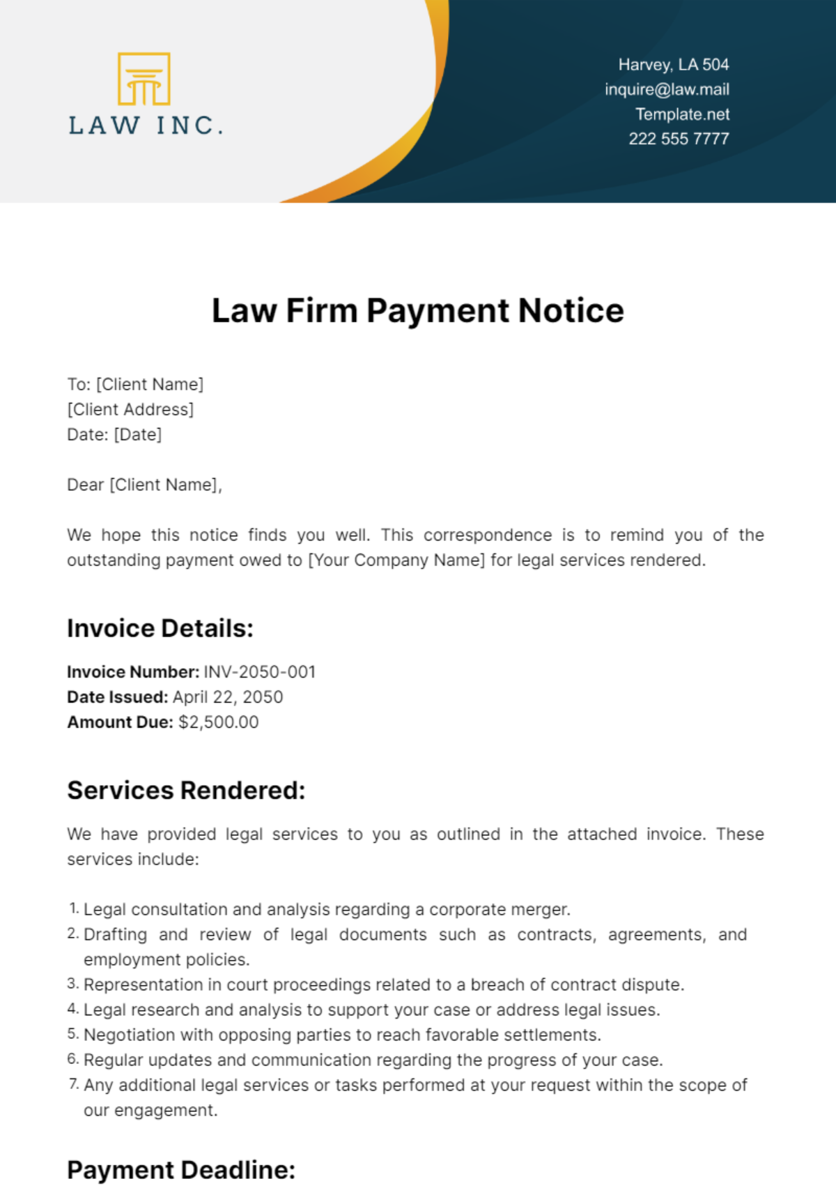 Law Firm Payment Notice Template - Edit Online & Download