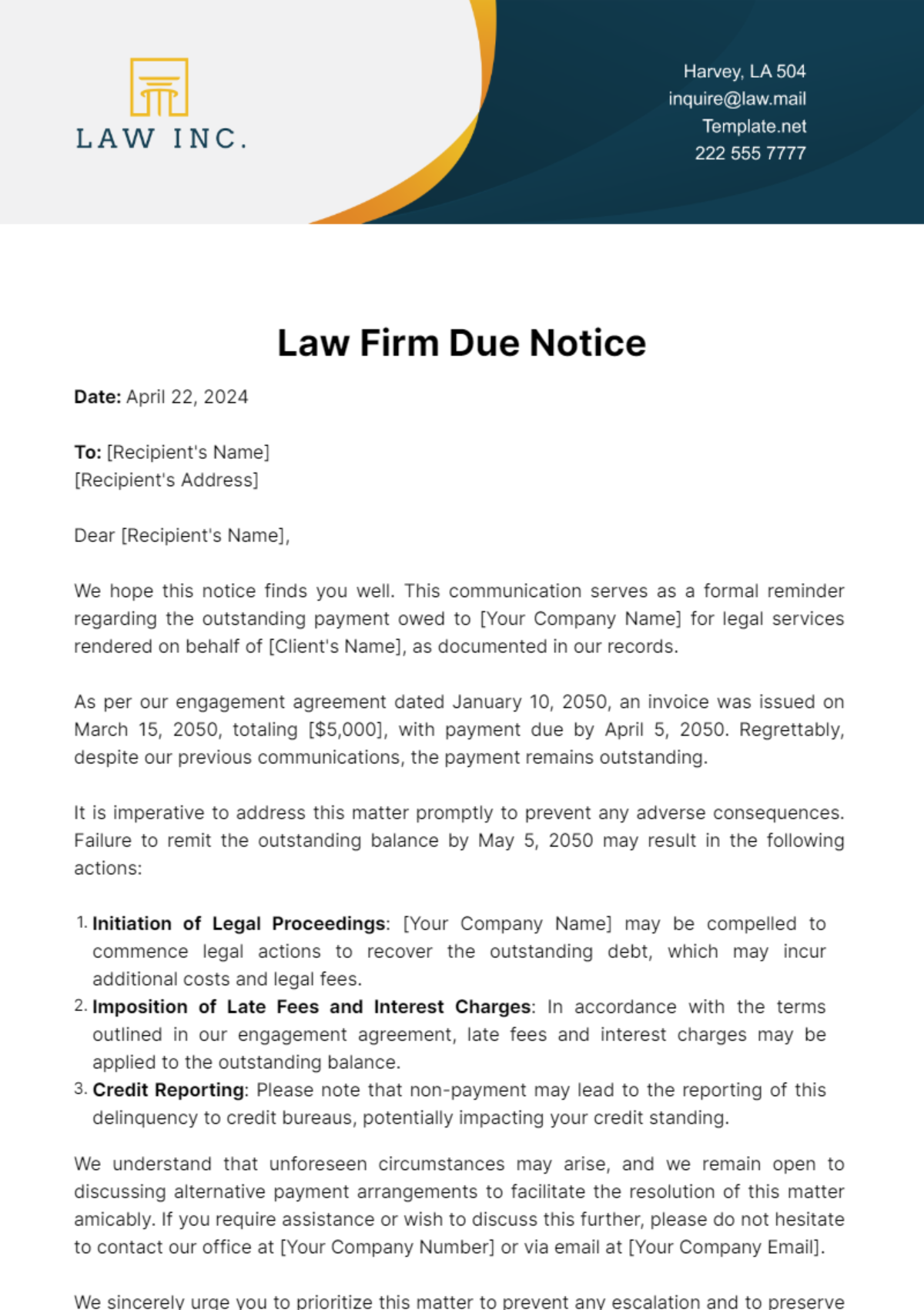 Law Firm Due Notice Template