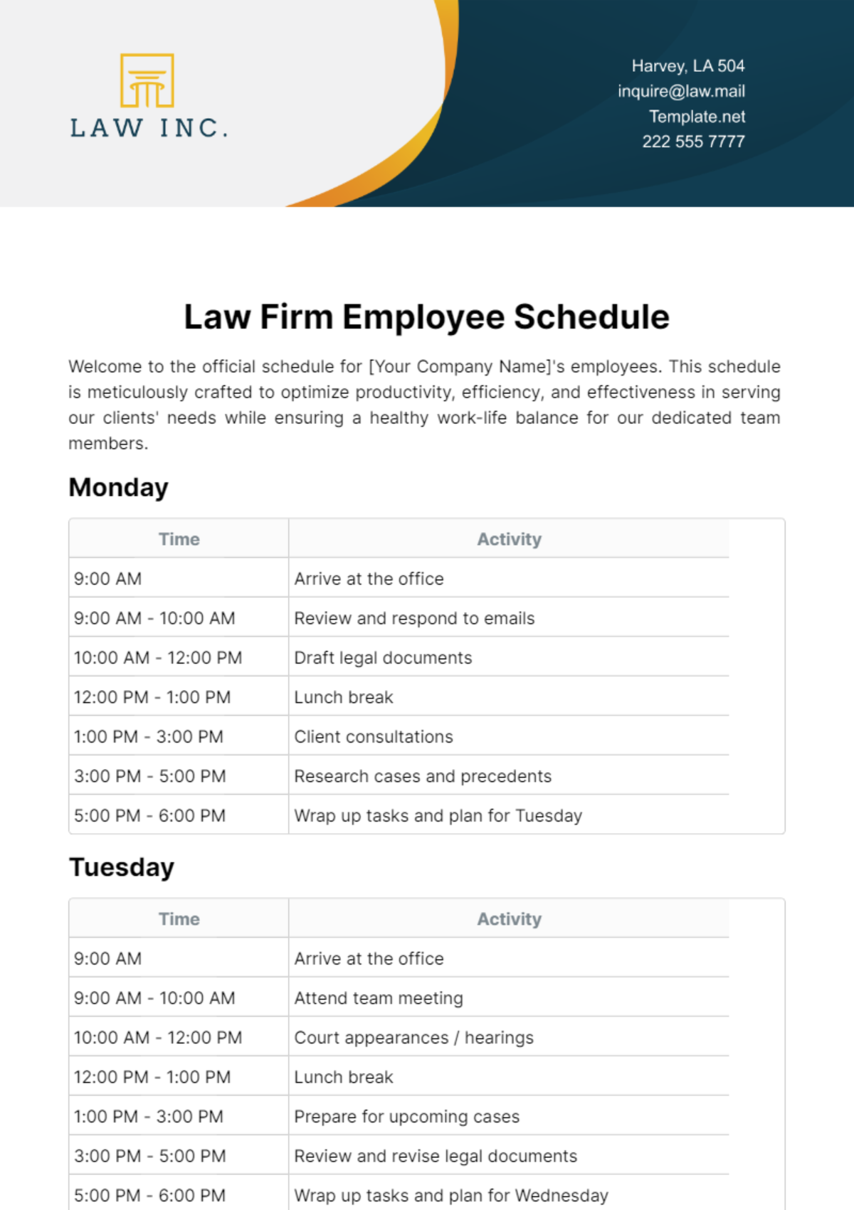 Law Firm Employee Schedule Template
