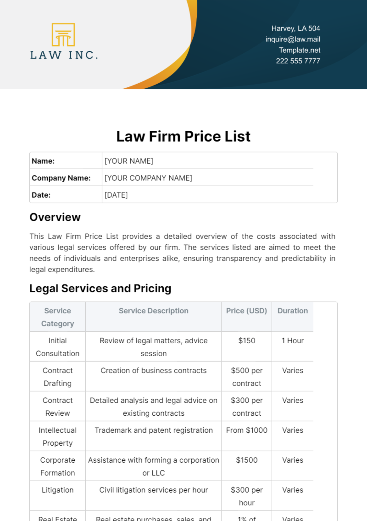 Law Firm Price List Template