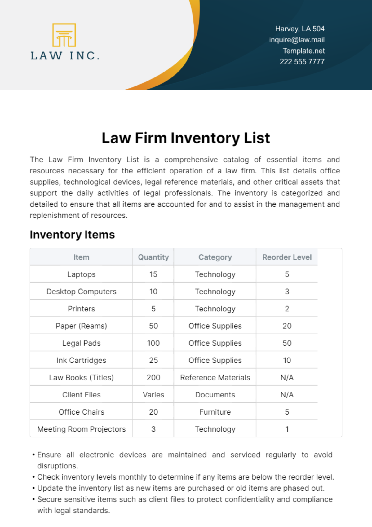 Law Firm Inventory List Template