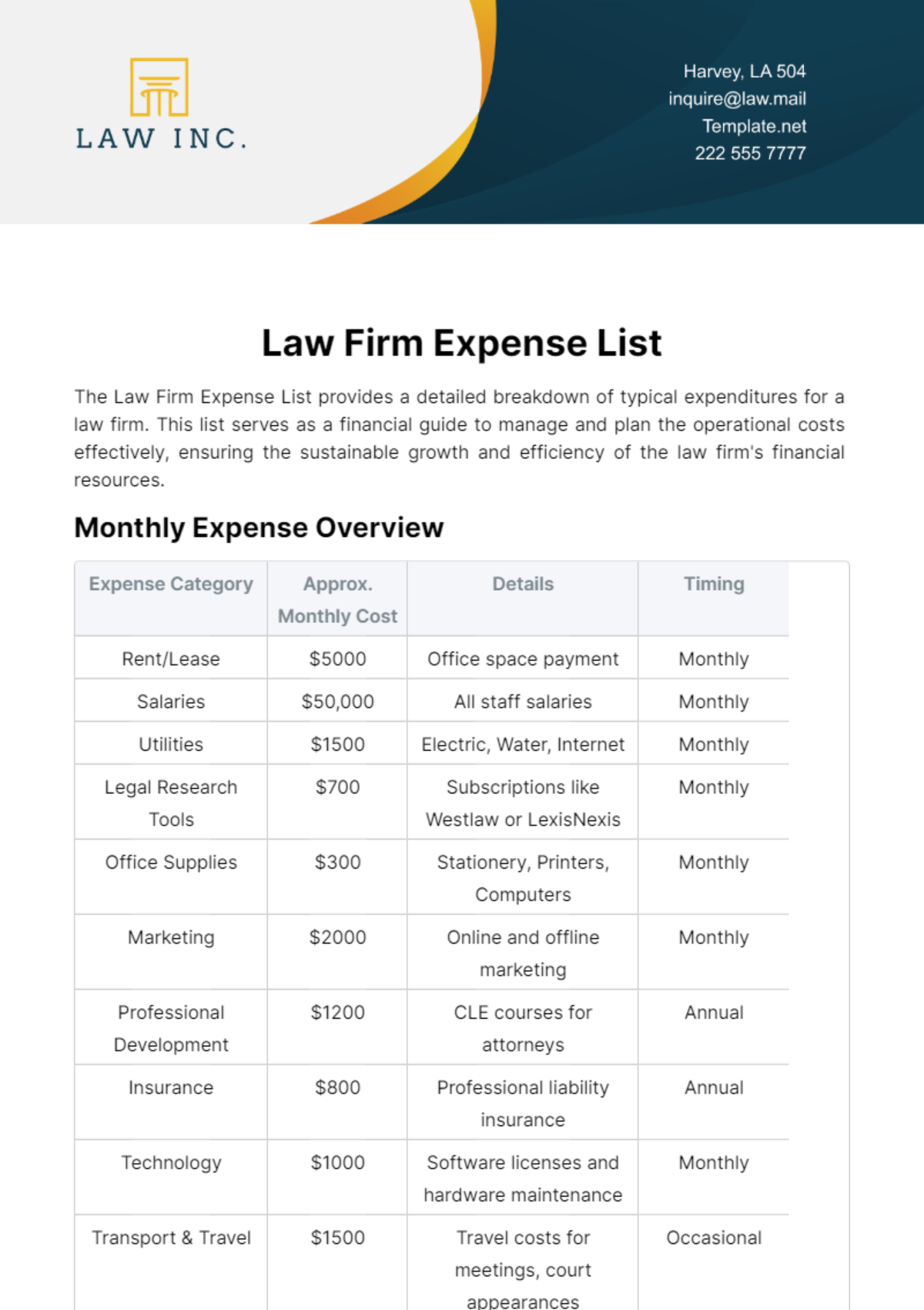 Law Firm Expense List Template