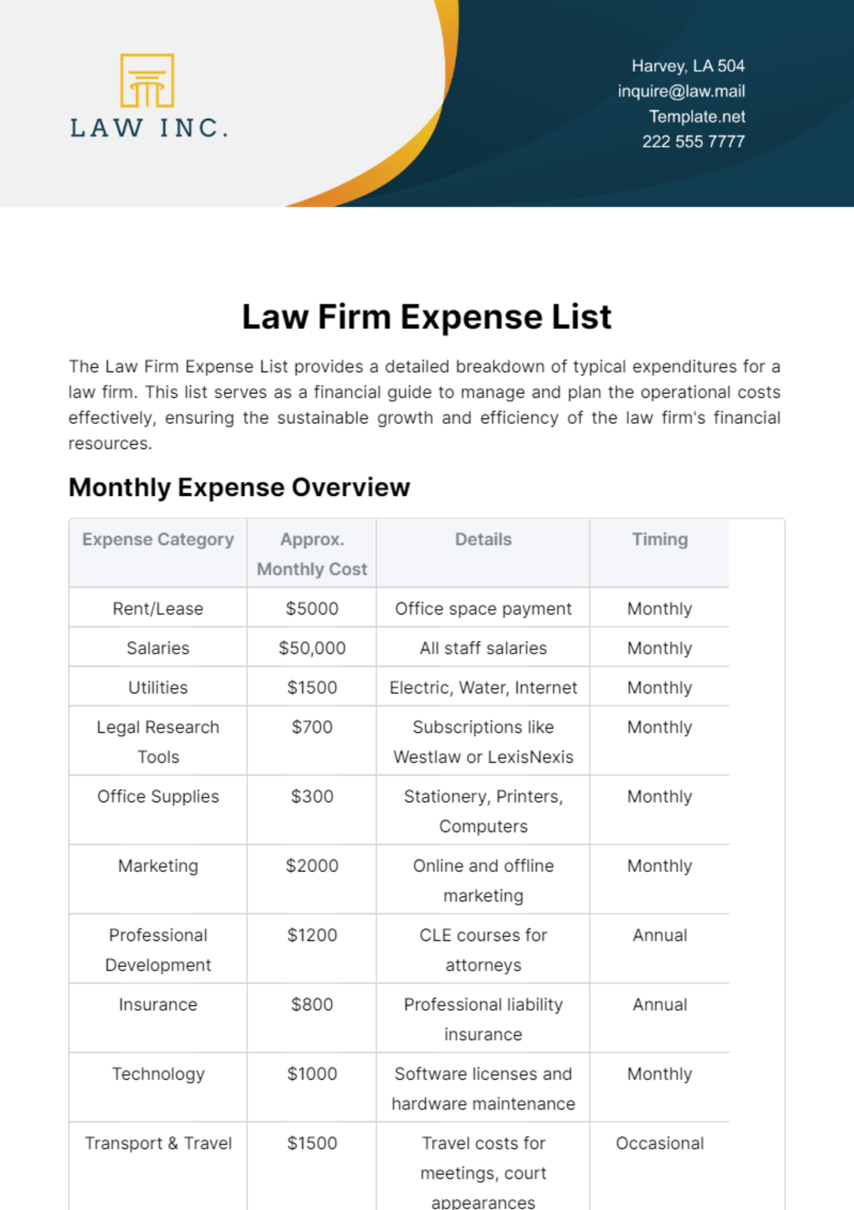 Law Firm Expense List Template - Edit Online & Download