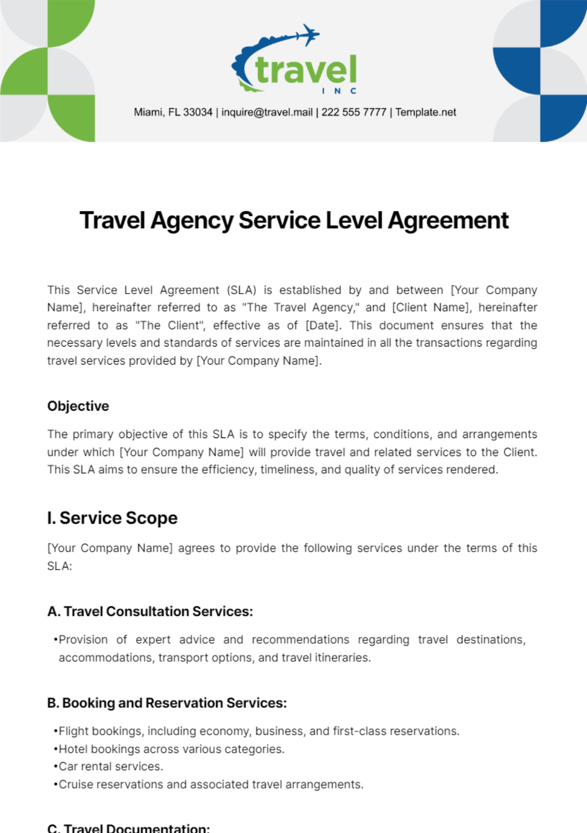Travel Agency Service Level Agreement Template