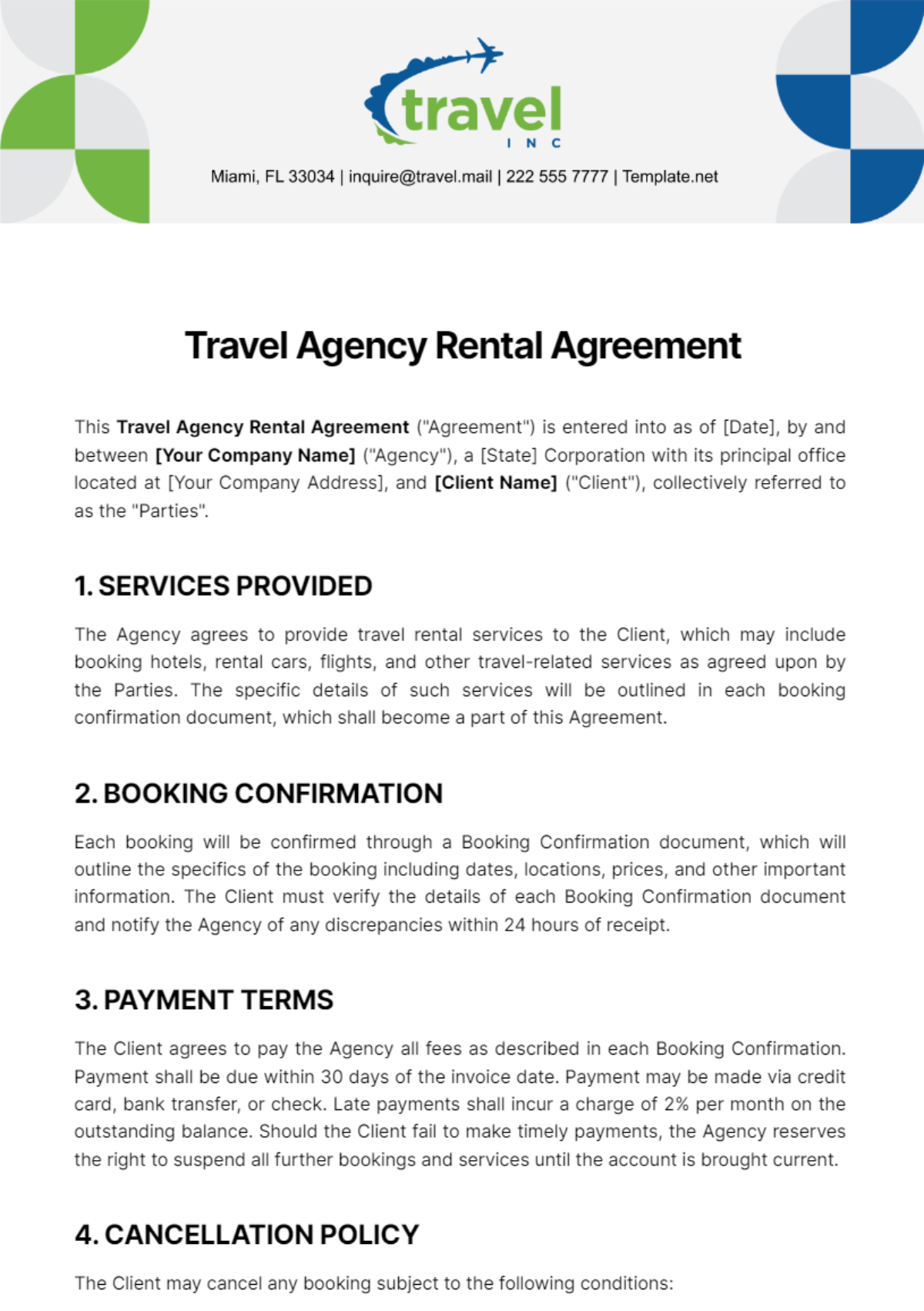 Travel Agency Rental Agreement Template