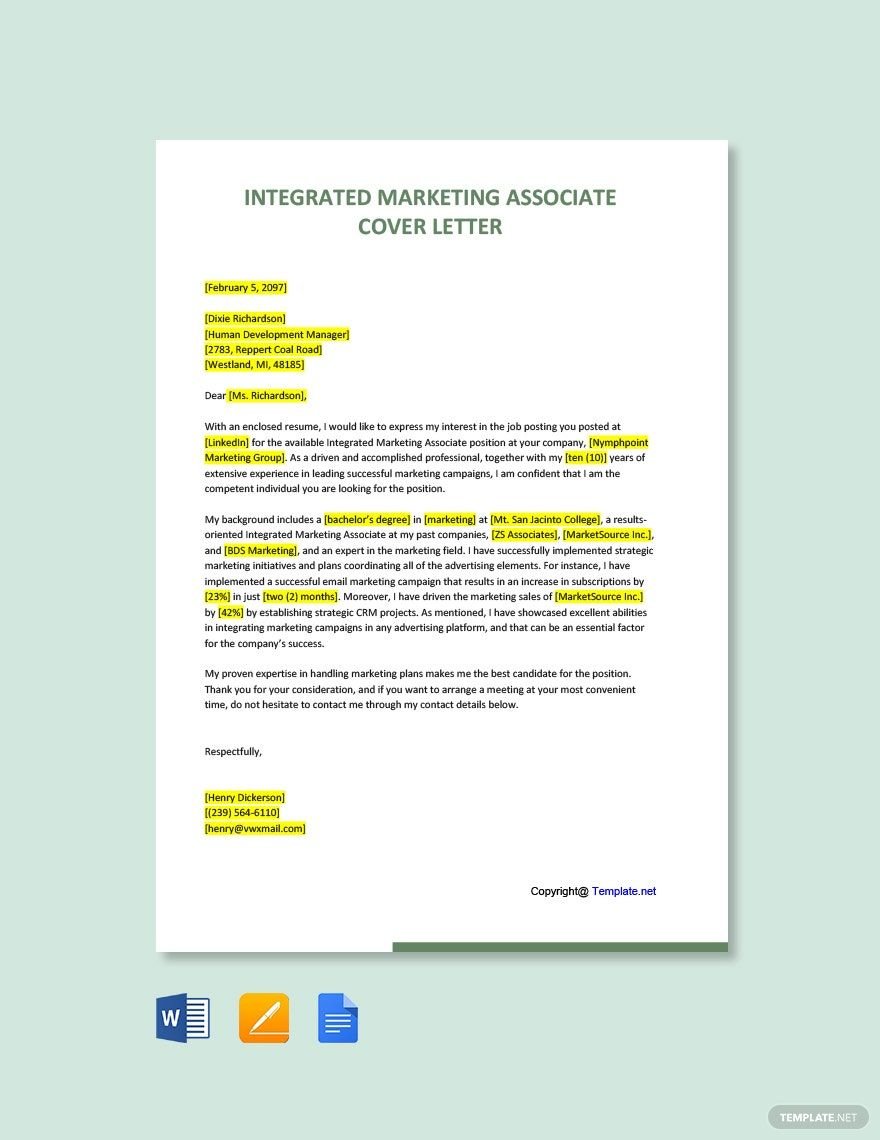 Free Integrated Marketing Associate Cover Letter Template