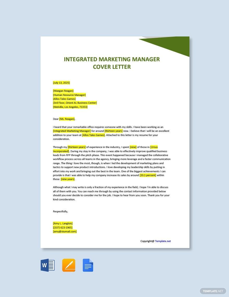 Integrated Marketing Manager Cover Letter Template