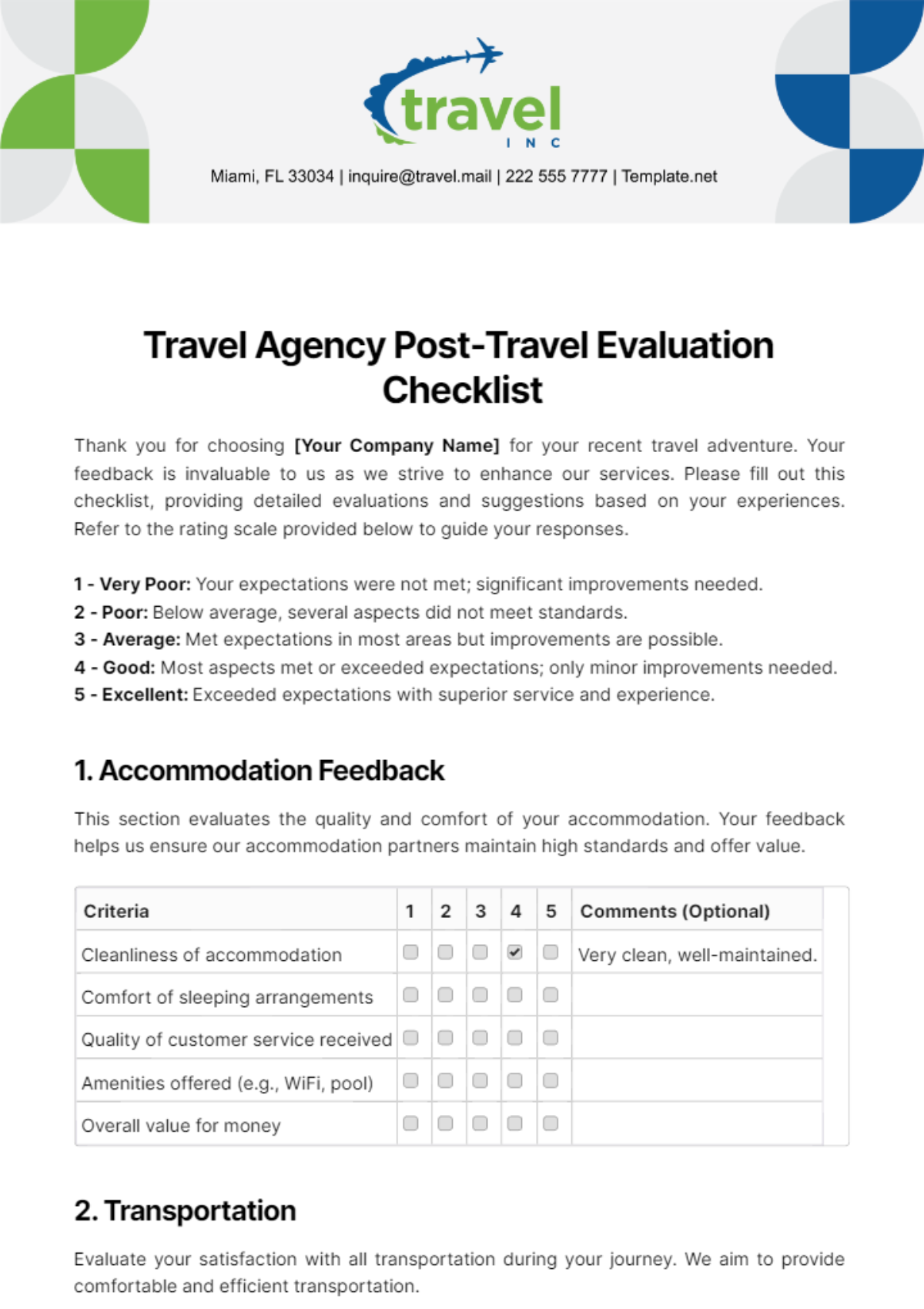 Travel Agency Post-Travel Evaluation Checklist