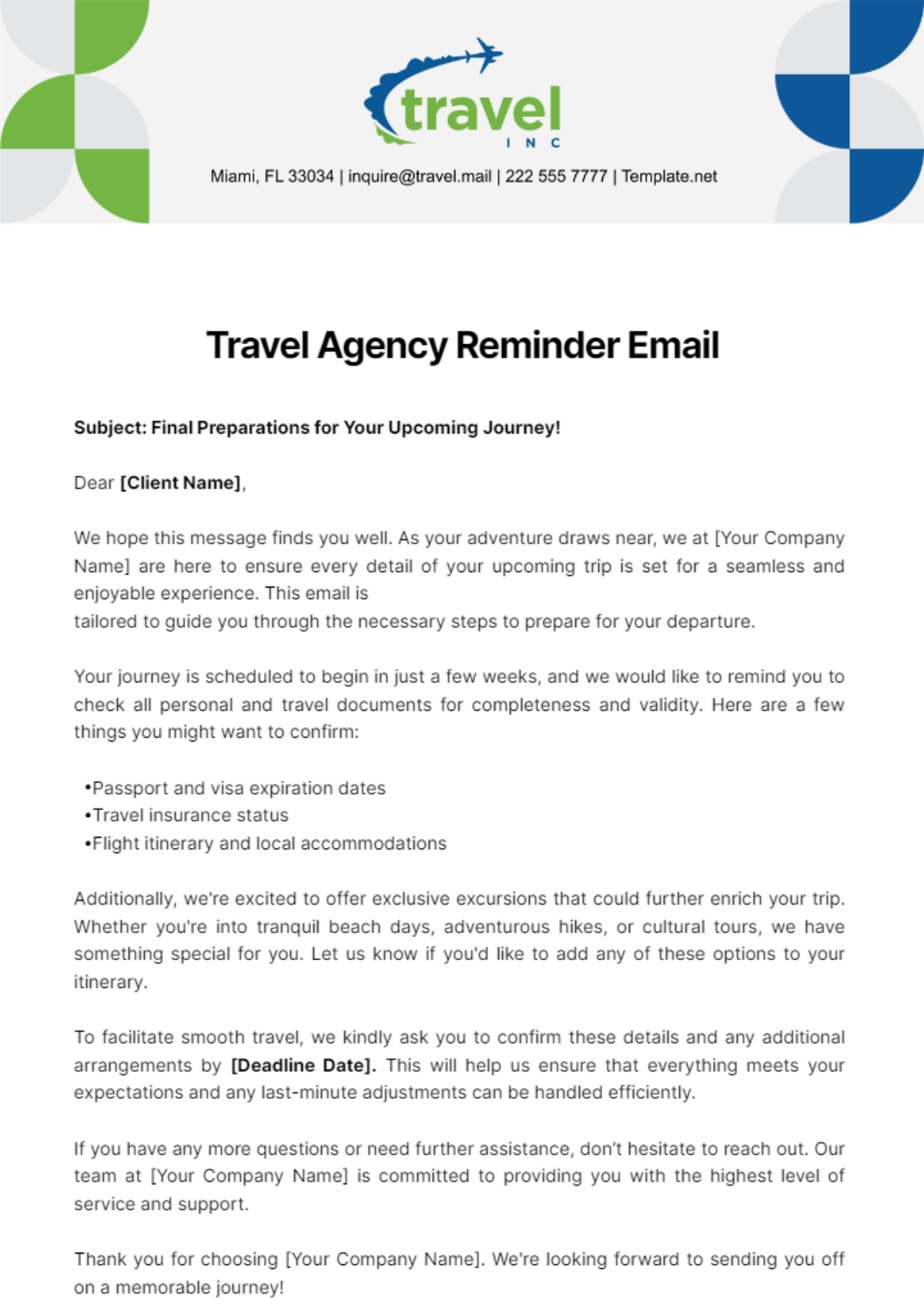 Travel Agency Reminder Email Template