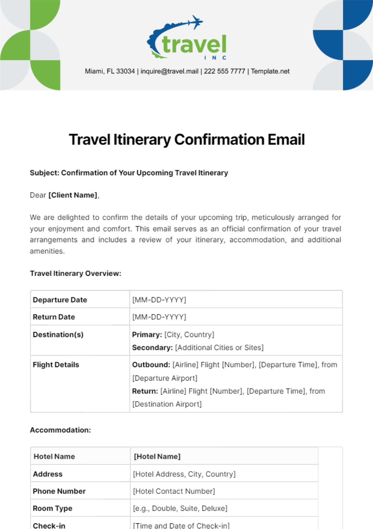 Free Travel Agency Confirmation Email Template