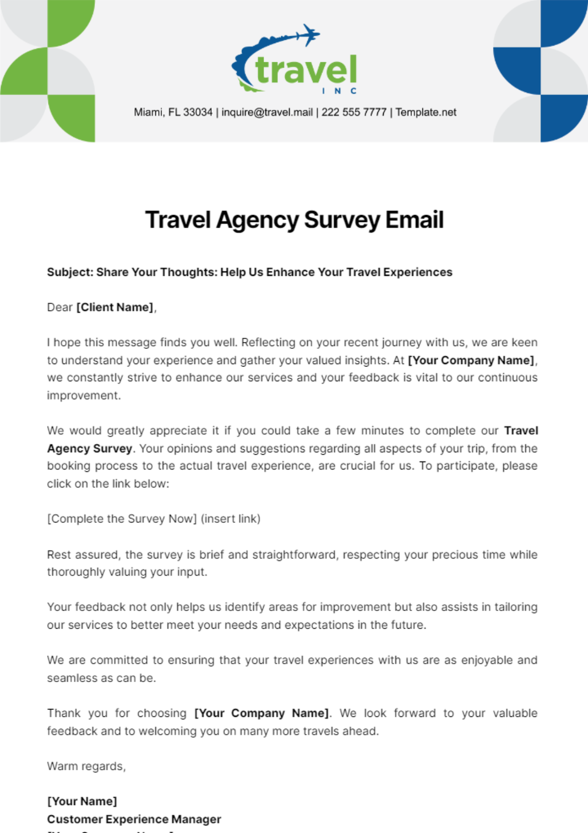 Free Travel Agency Survey Email Template