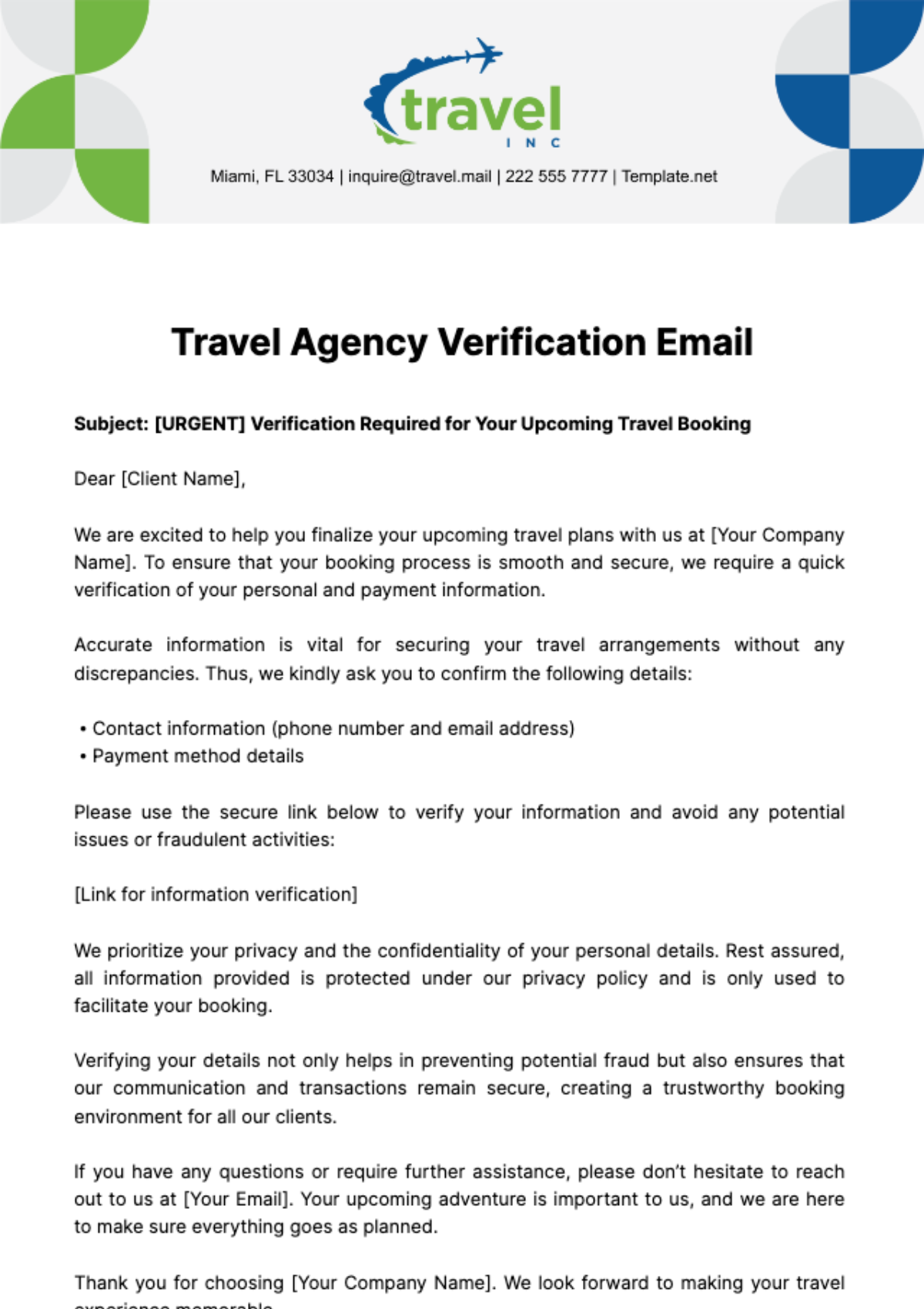 Free Travel Agency Verification Email Template
