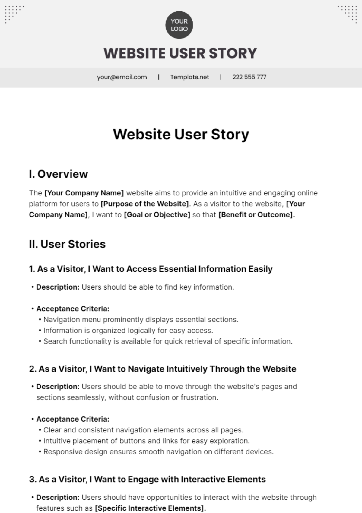 Free Website User Story Template