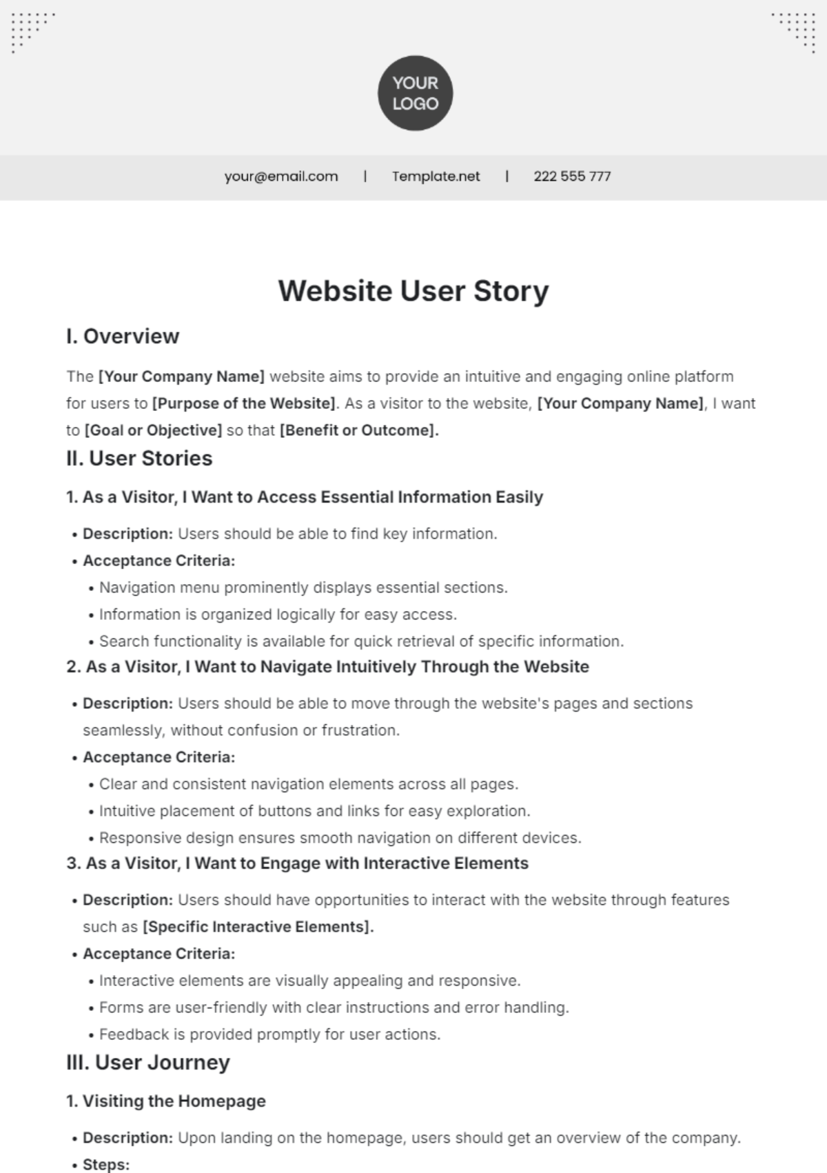 Website User Story Template - Edit Online & Download