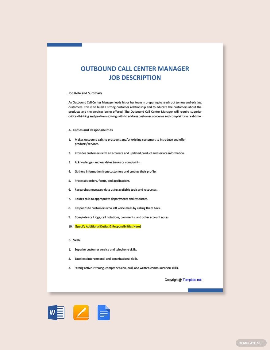 Outbound Call Center Manager Job Description Download In Word Google 