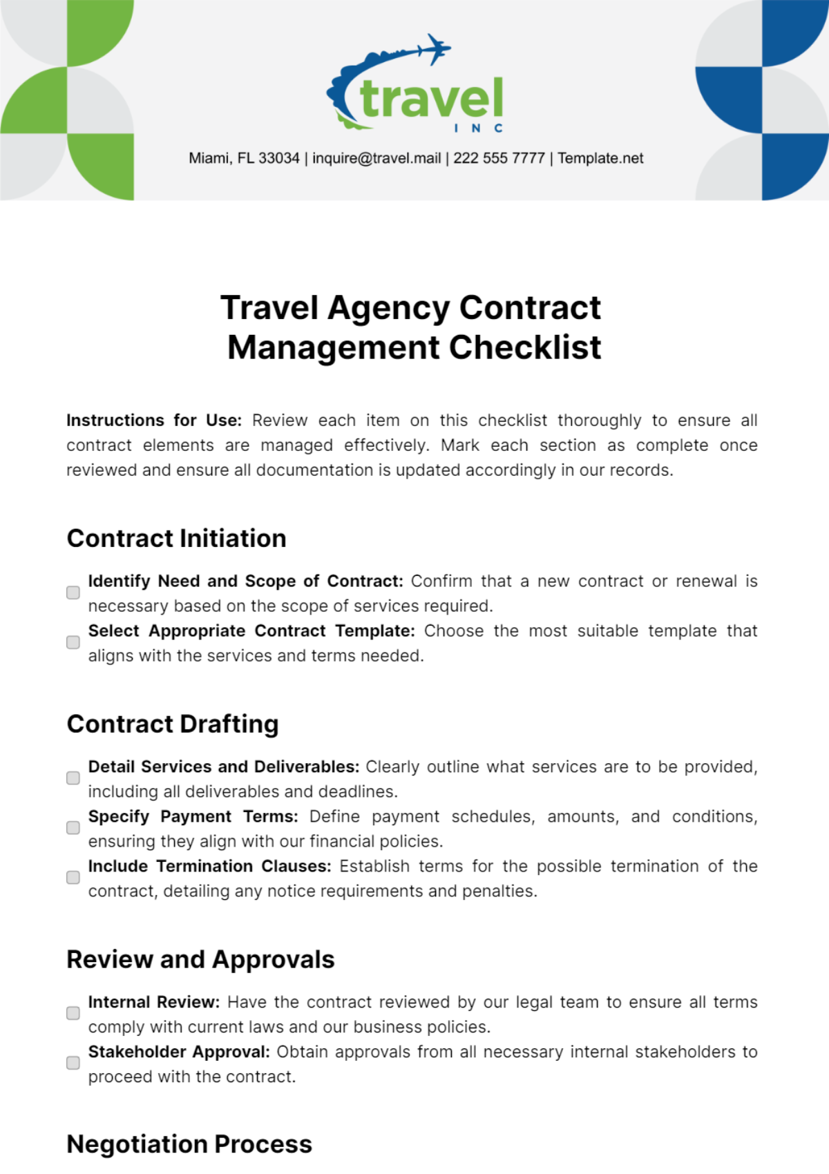 Travel Agency Contract Management Checklist Template