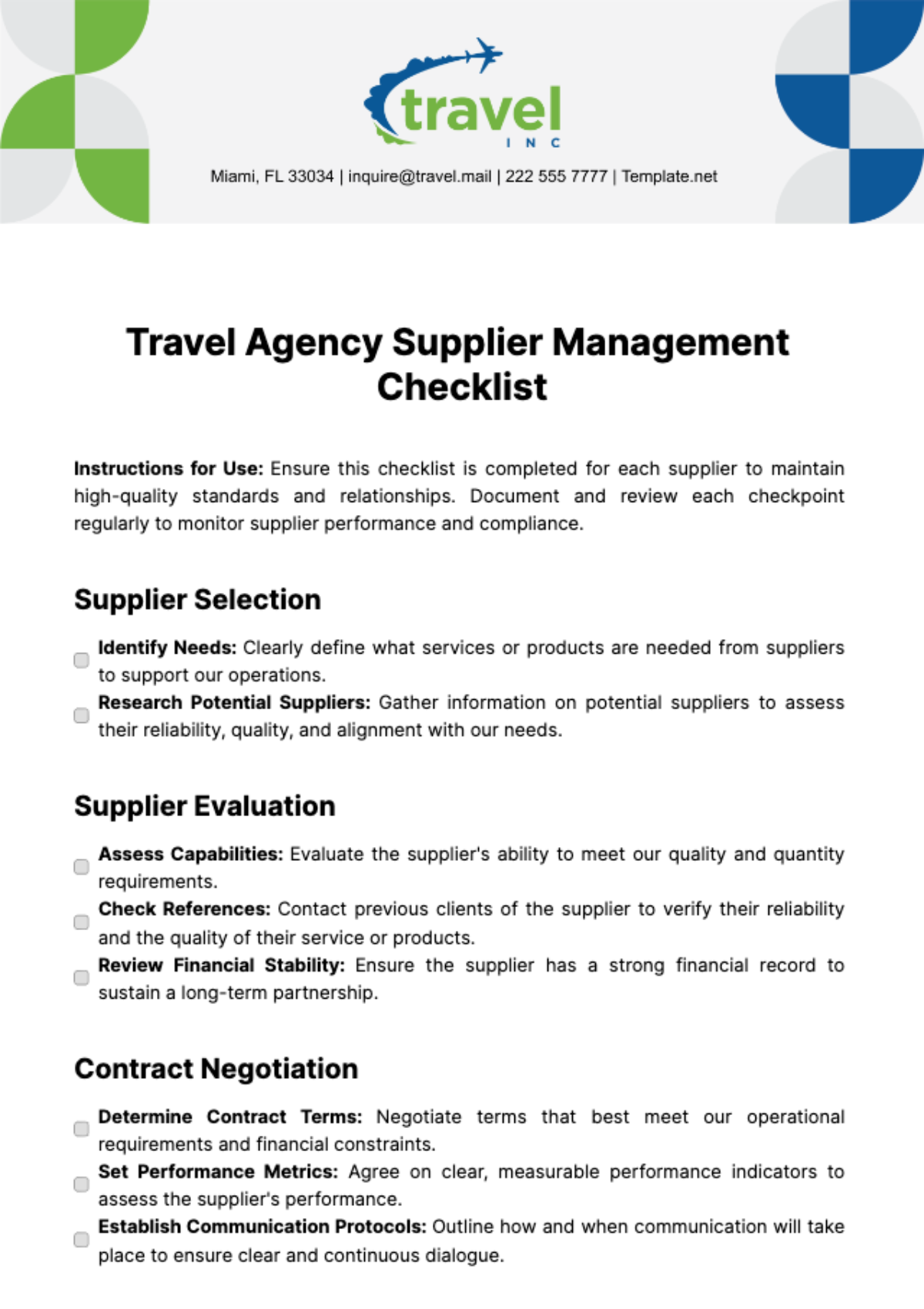Travel Agency Supplier Management Checklist Template