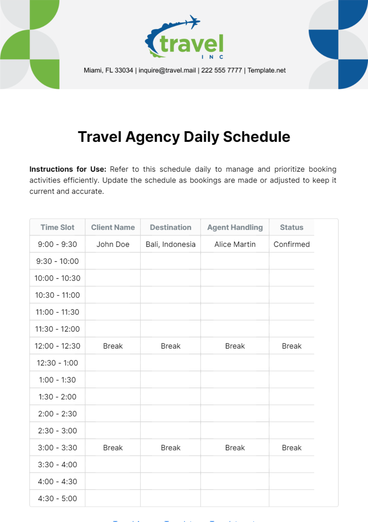 Travel Agency Daily Schedule Template