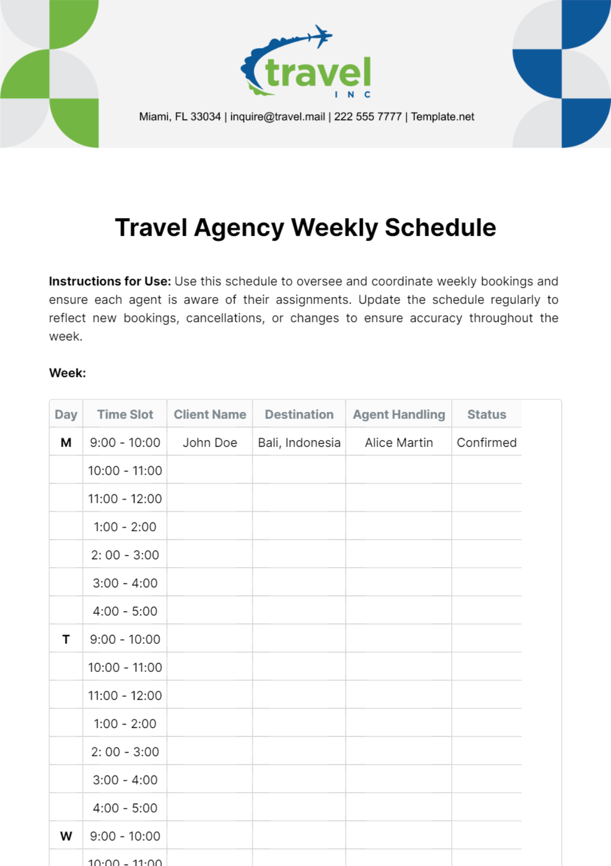 Free Travel Agency Weekly Schedule Template