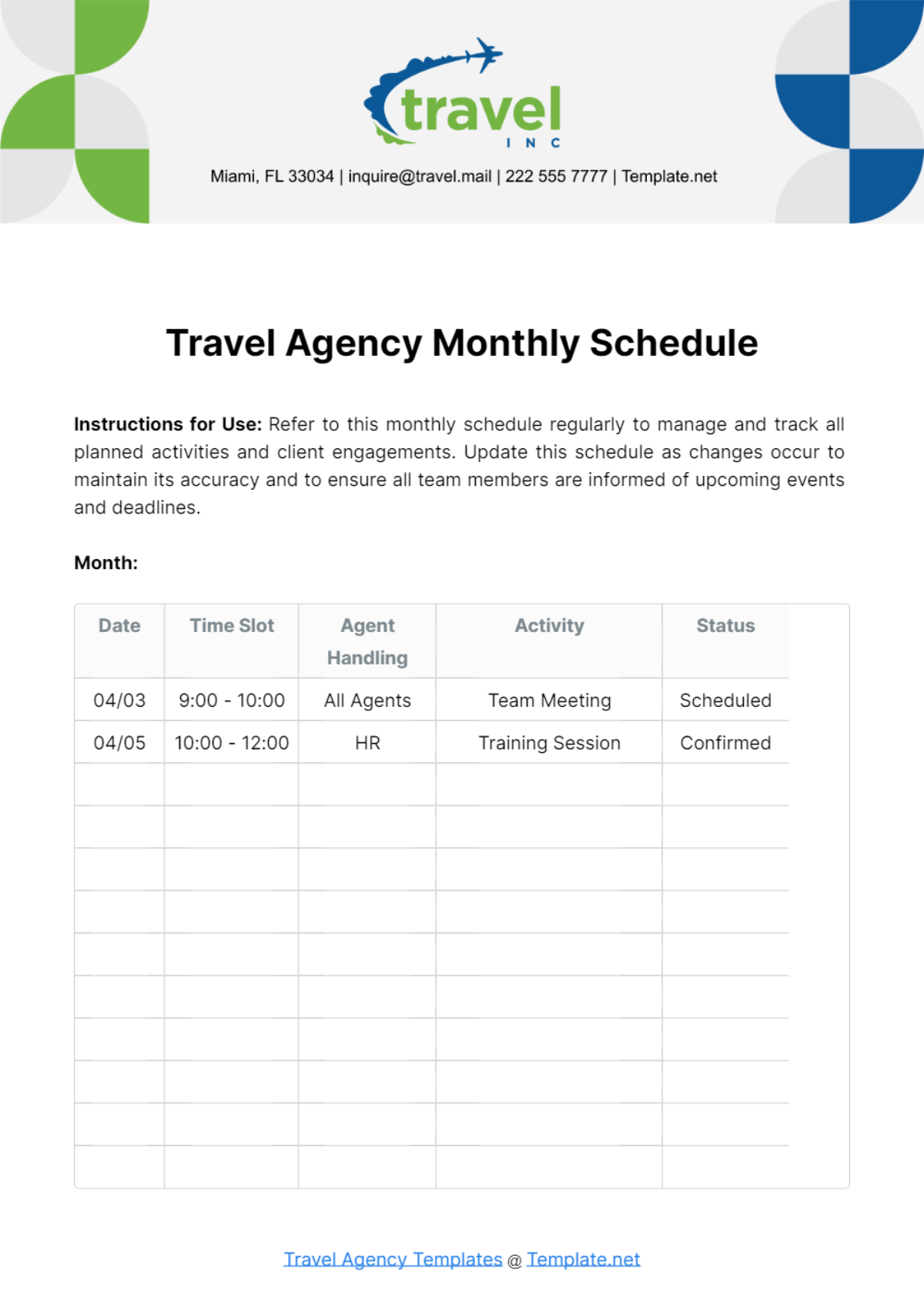 Free Travel Agency Monthly Schedule Template