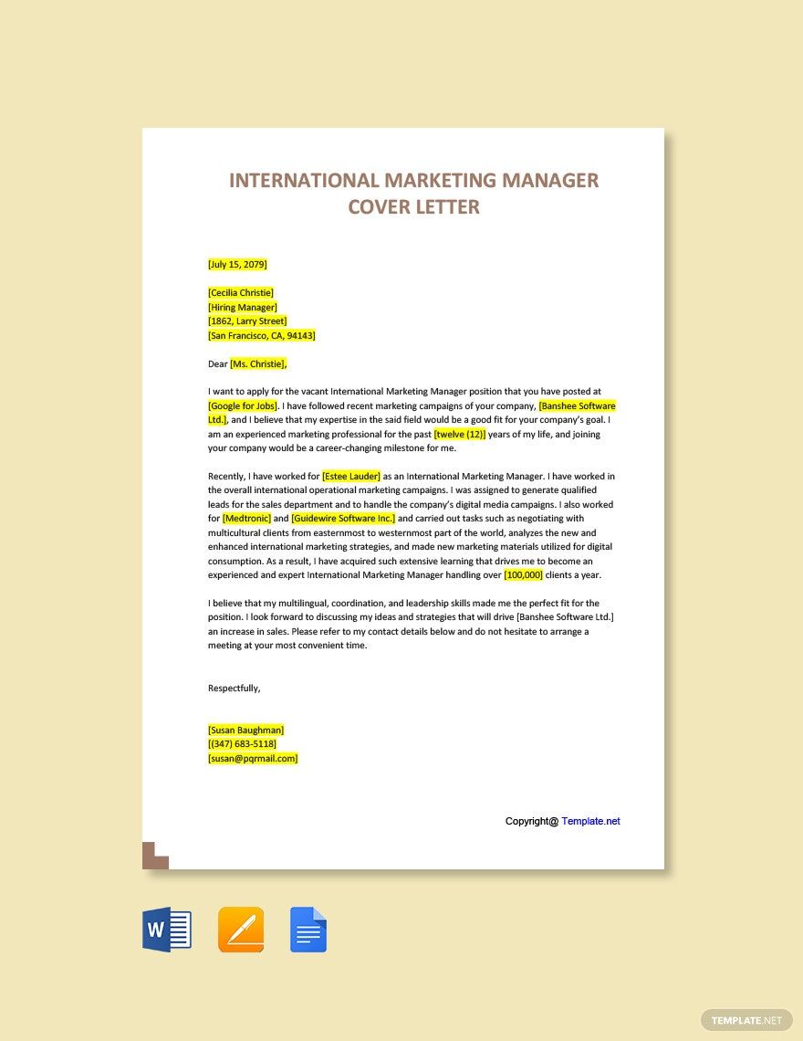 Free International Marketing Manager Cover Letter in Word, Google Docs, PDF, Apple Pages