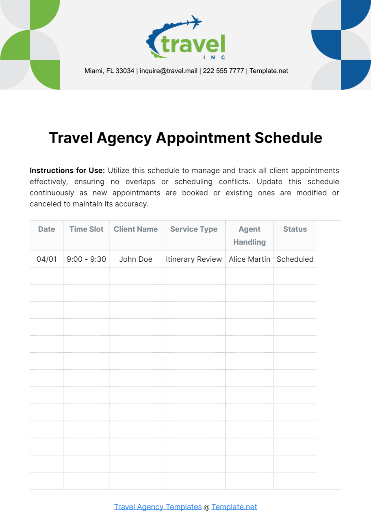 Travel Agency Appointment Schedule Template