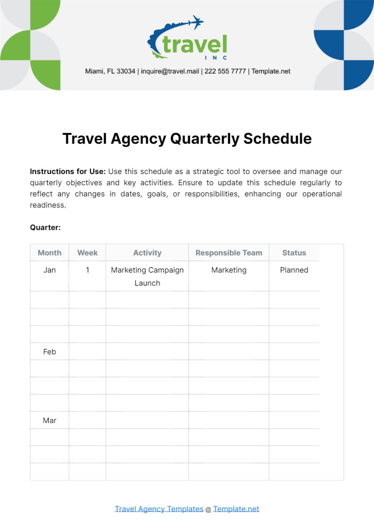 Travel Agency Quarterly Schedule Template