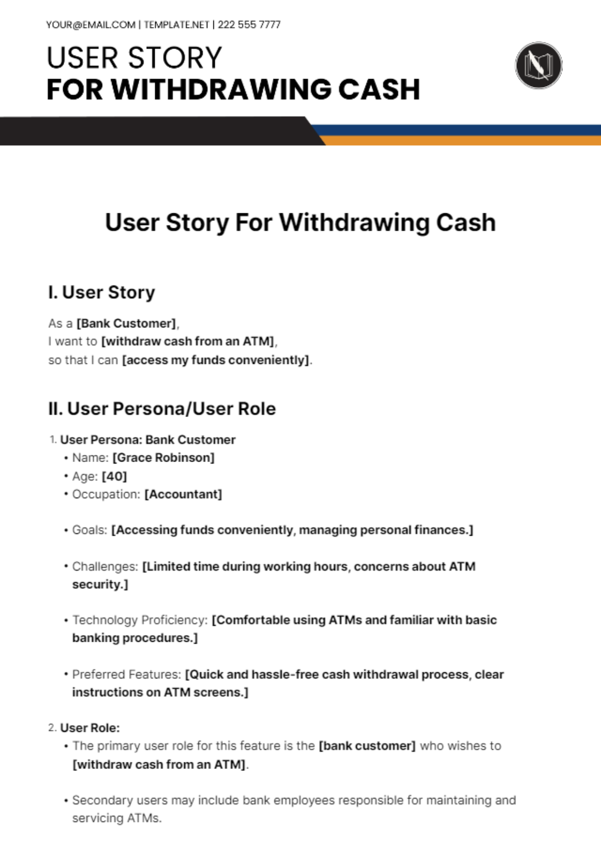 User Story For Withdrawing Cash Template