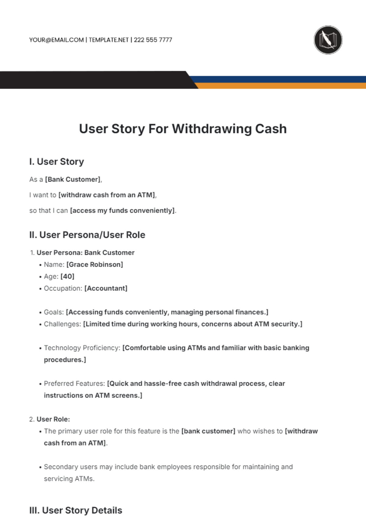 User Story For Withdrawing Cash Template - Edit Online & Download