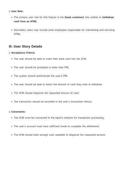 Free User Story For Withdrawing Cash Template to Edit Online