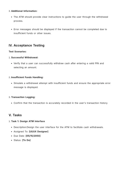 Free User Story For Withdrawing Cash Template to Edit Online