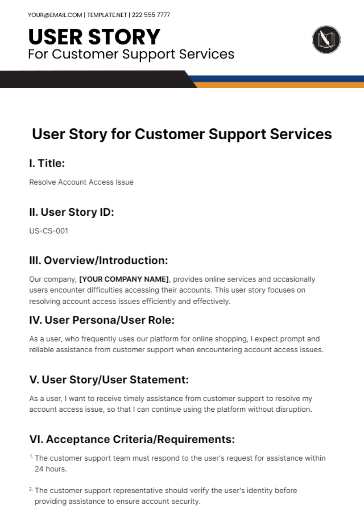 Free User Story For Customer Support Services Template