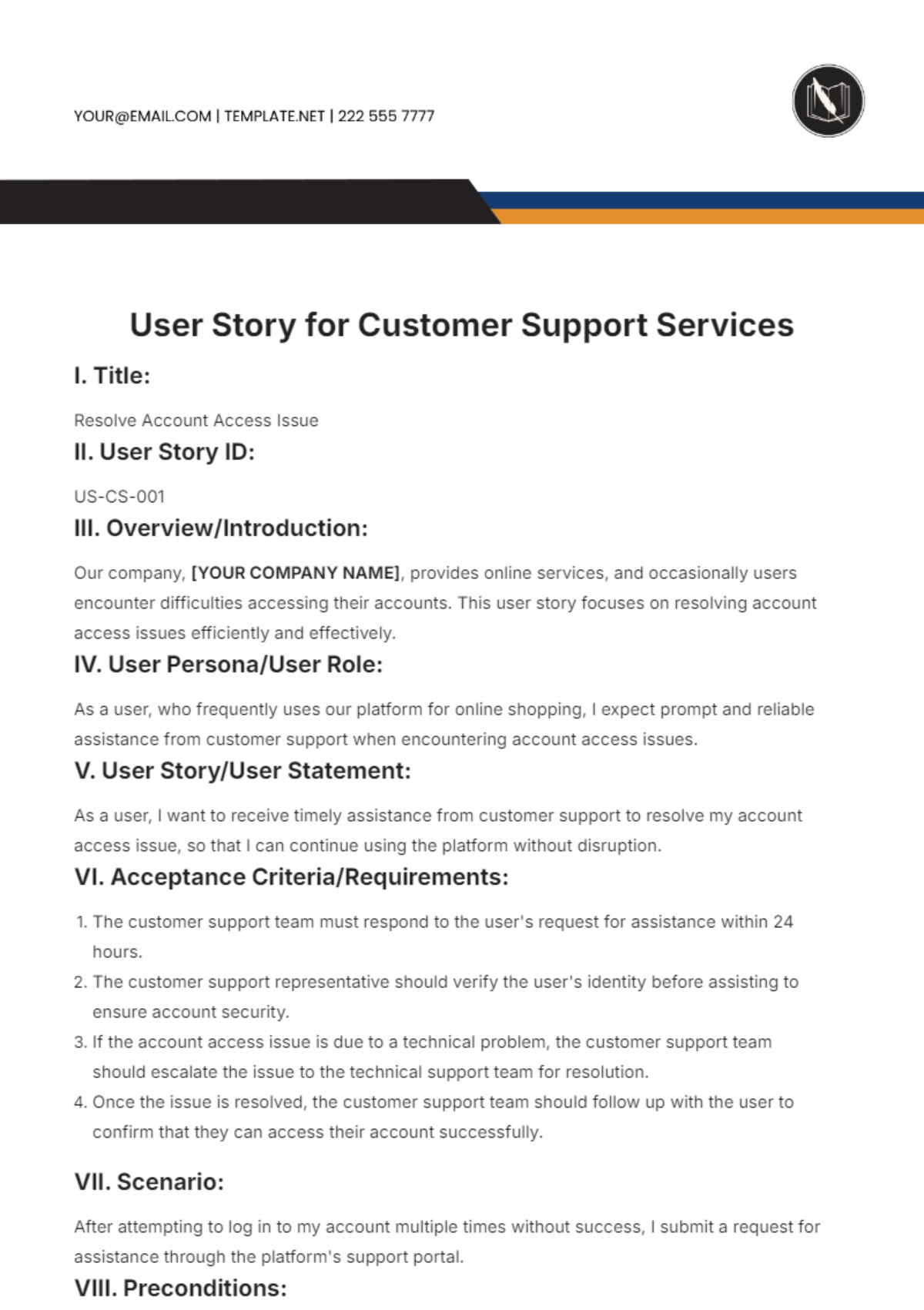 User Story For Customer Support Services Template - Edit Online & Download