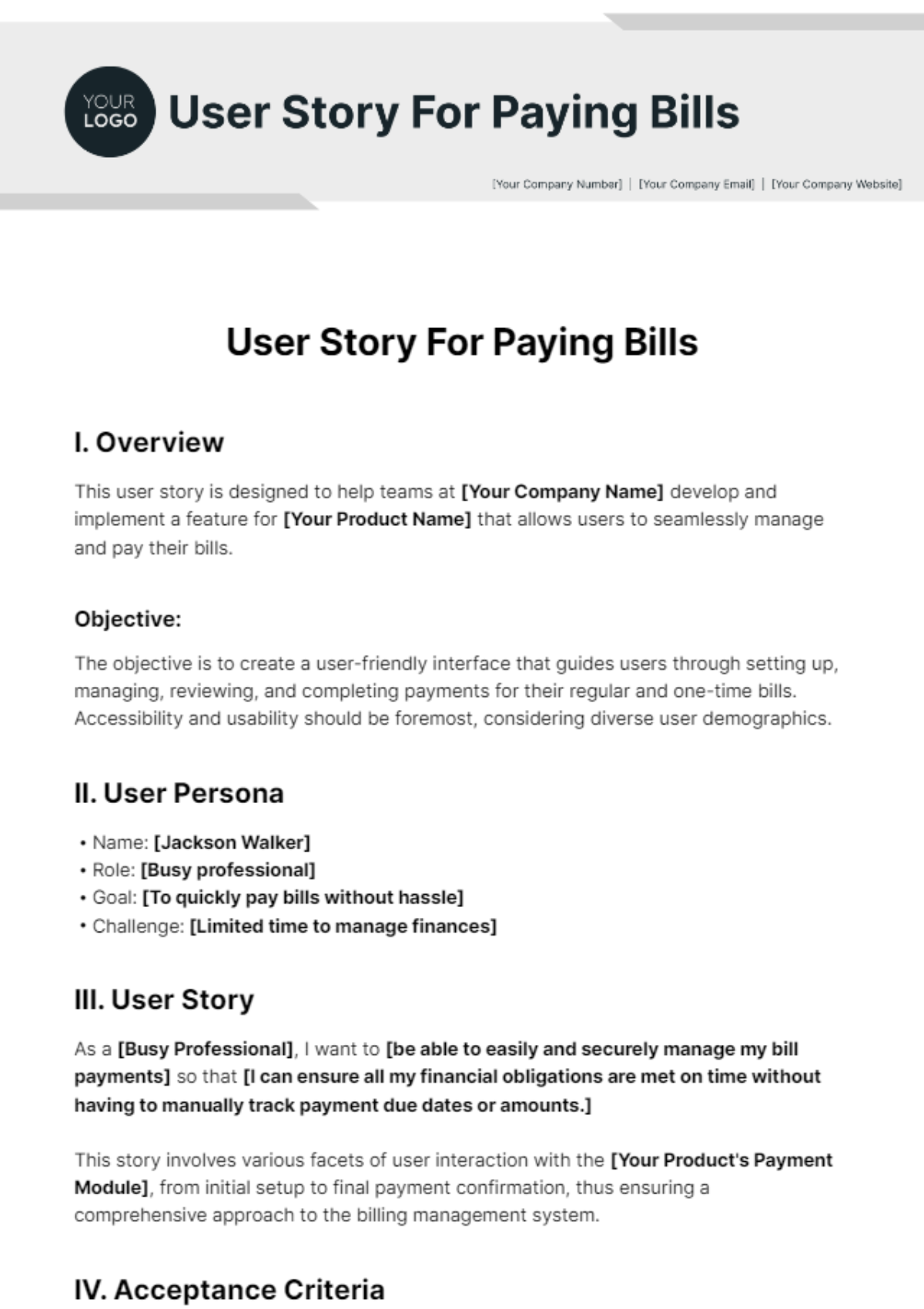 Free User Story For Paying Bills Template