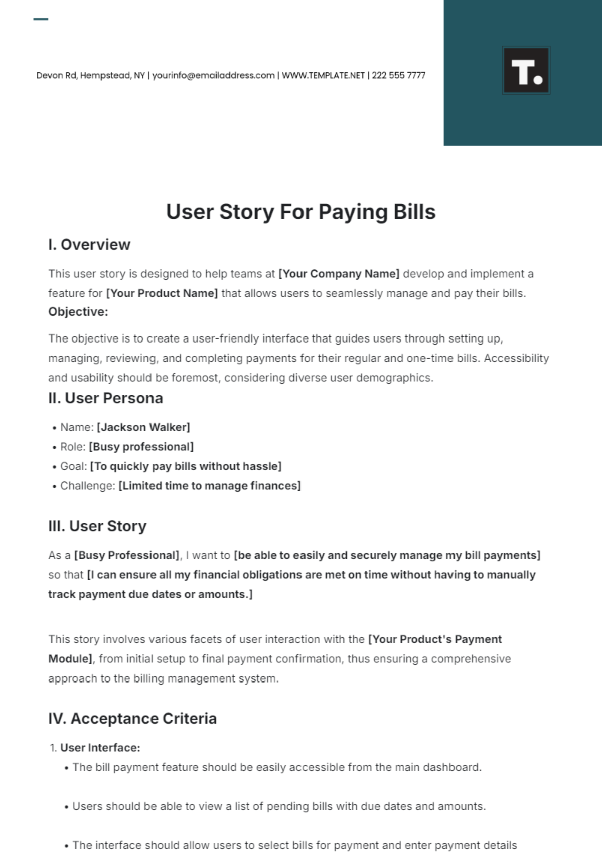 User Story For Paying Bills Template - Edit Online & Download