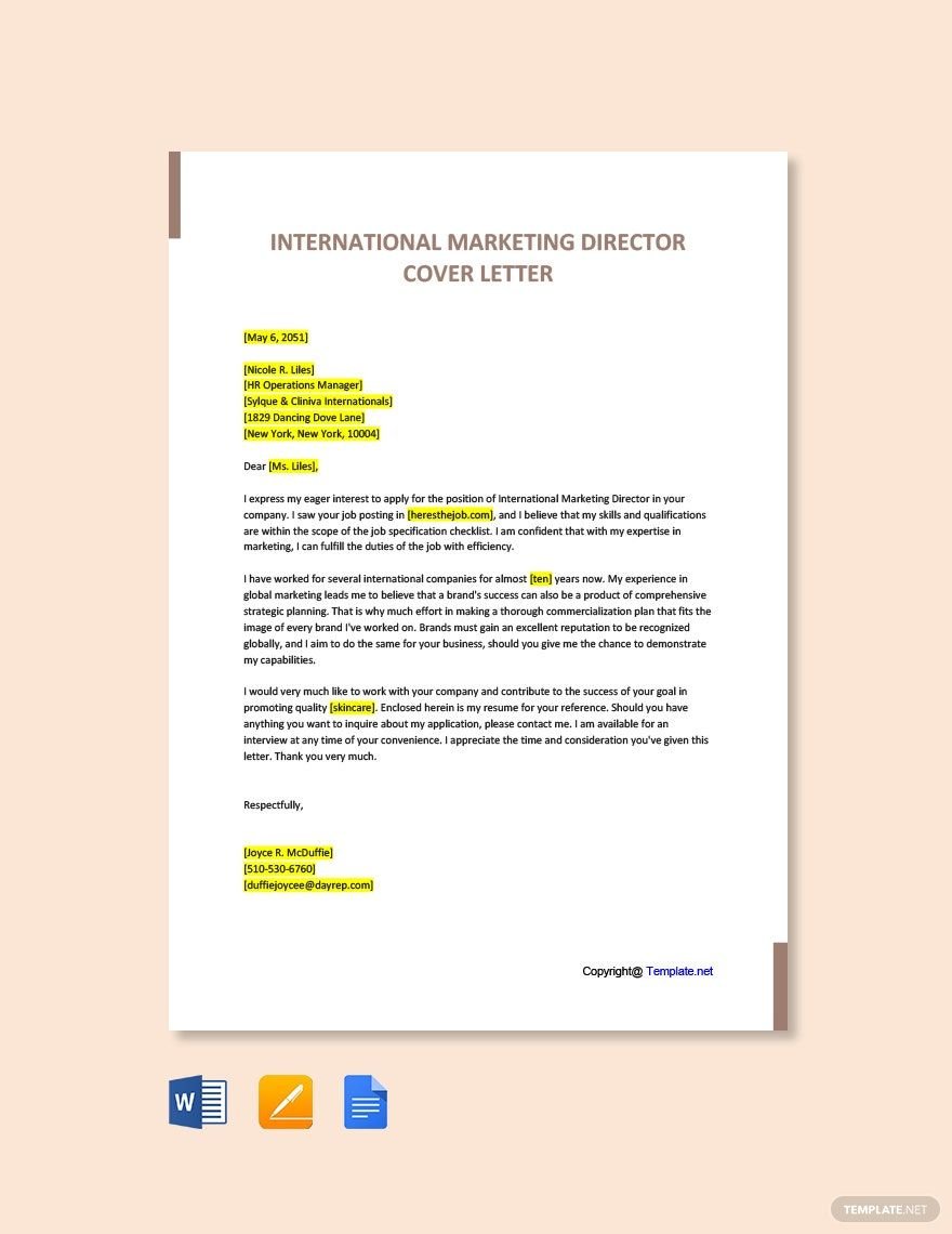 International Marketing Director Cover Letter