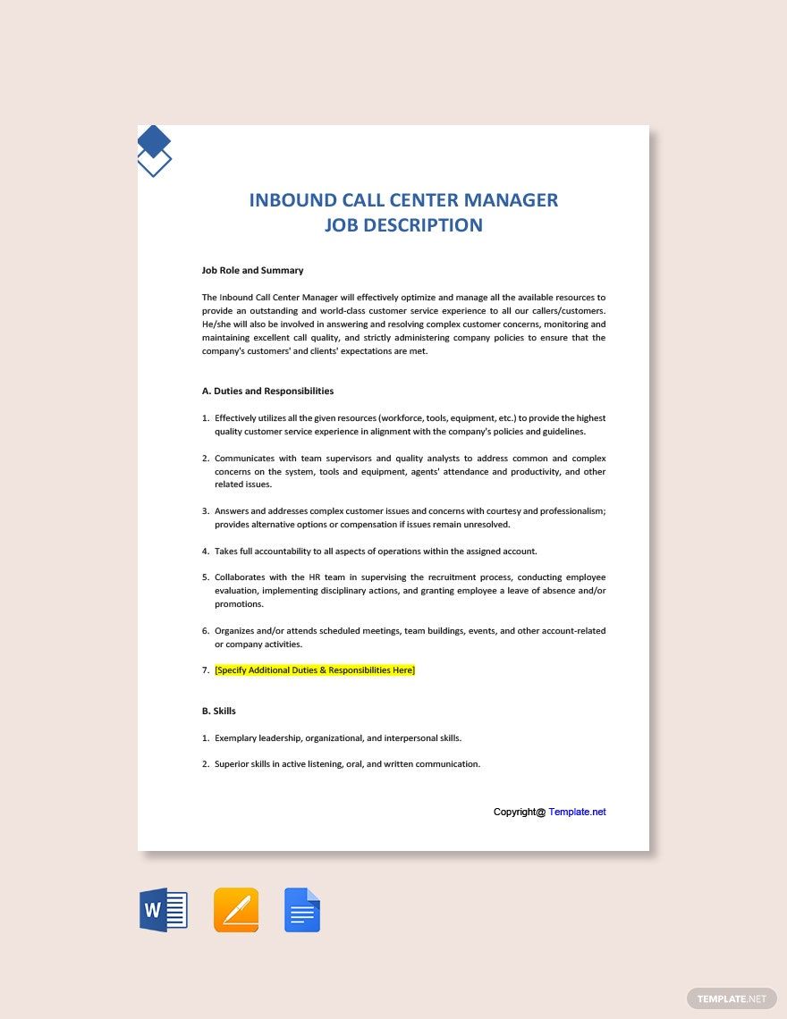 Inbound Call Center Manager Job Description