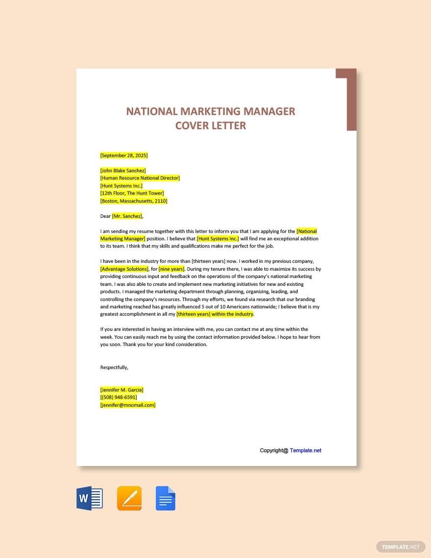 National Marketing Manager Cover Letter