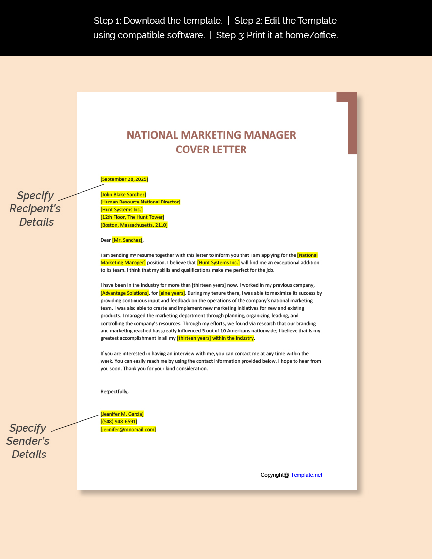 National Marketing Manager Cover Letter