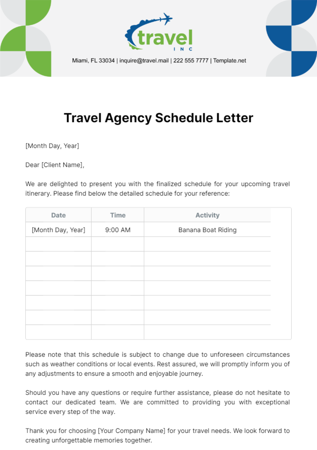 Travel Agency Schedule Letter Template