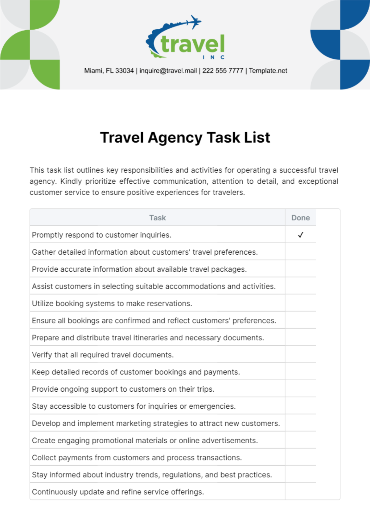 Free Travel Agency Task List Template