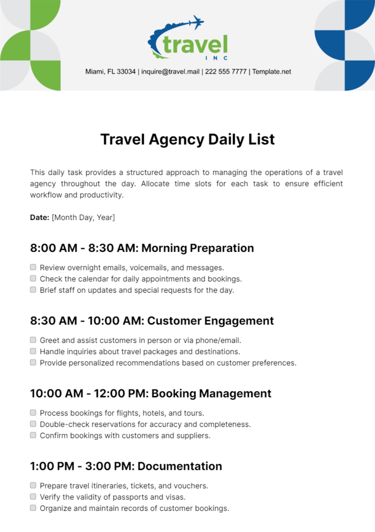 Free Travel Agency Daily List Template