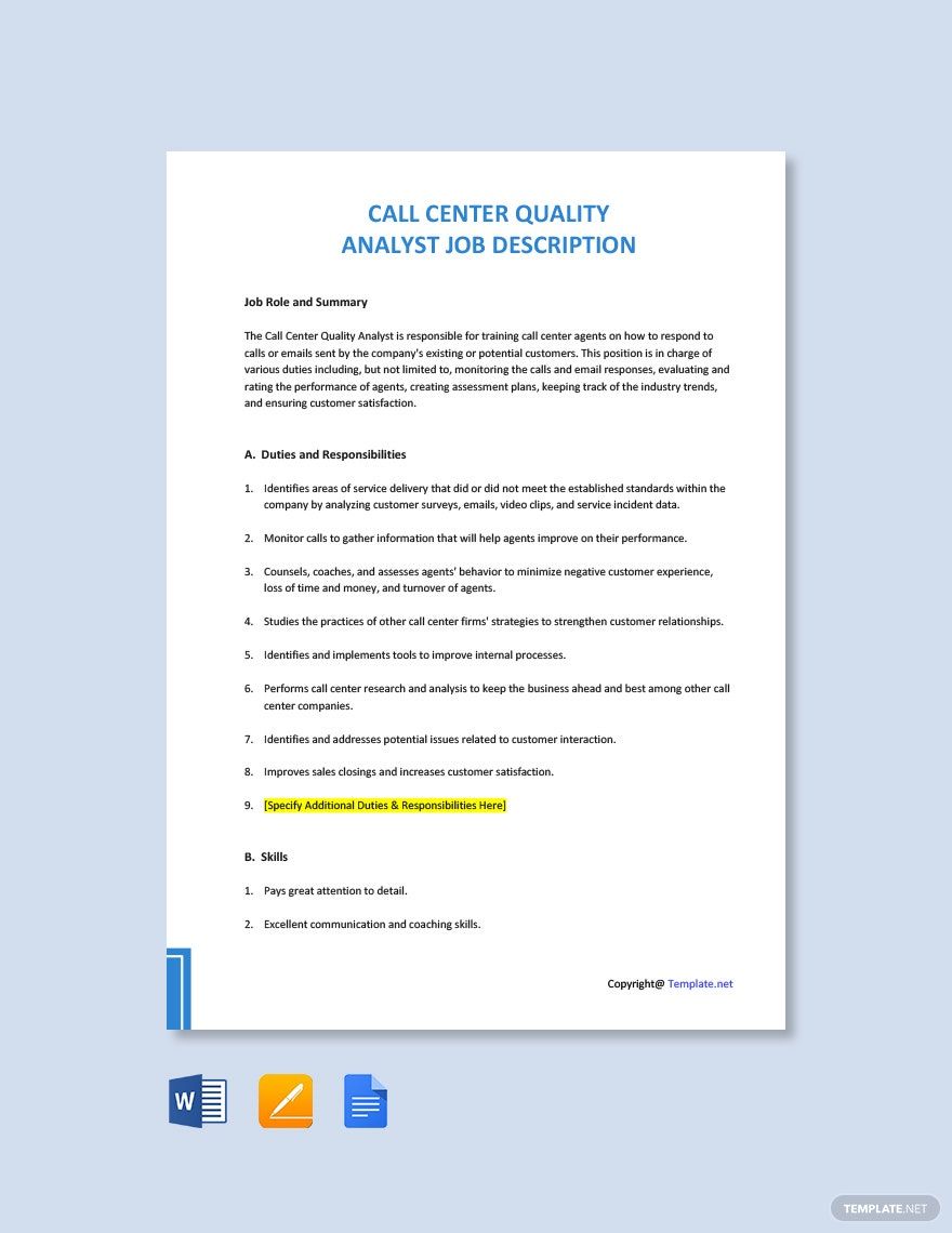 Call Center Quality Analyst Job Description Template