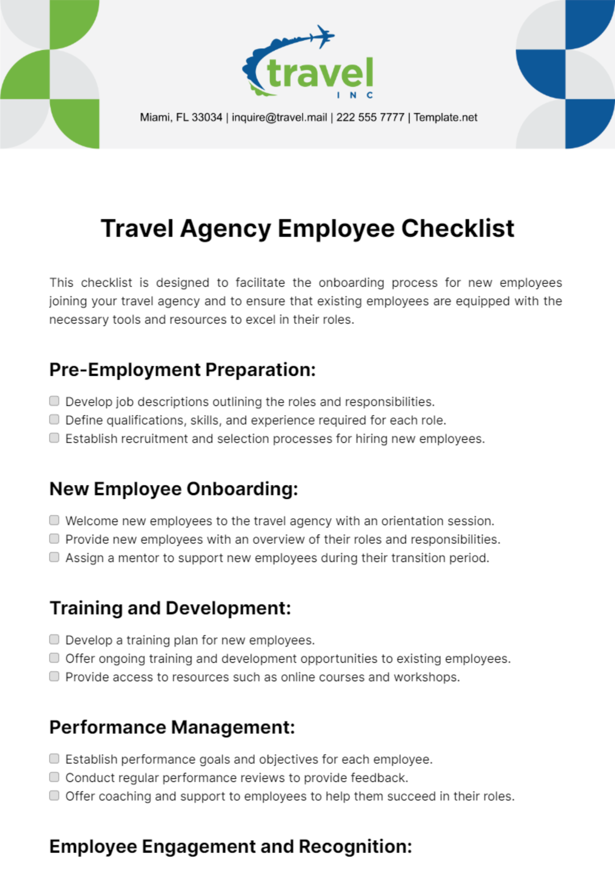 Travel Agency Employee Checklist Template