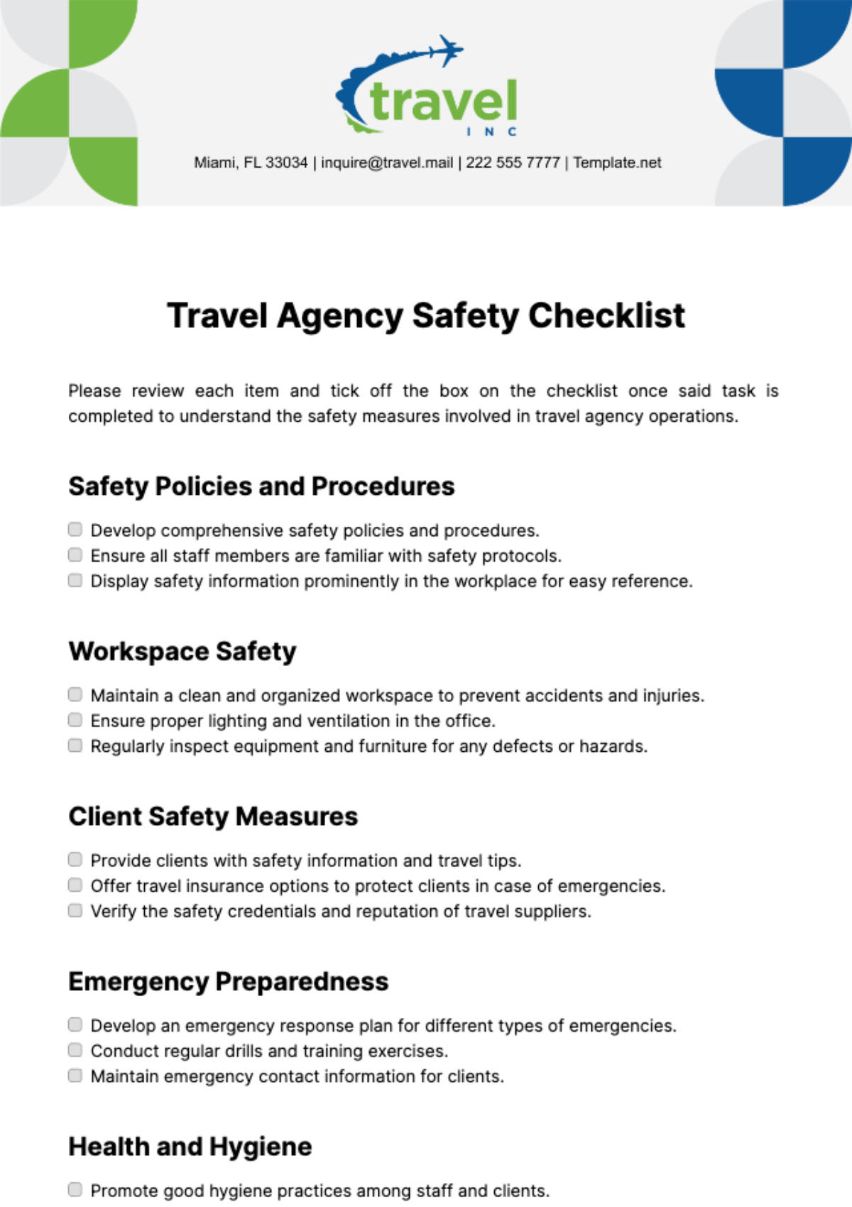 Travel Agency Safety Checklist Template